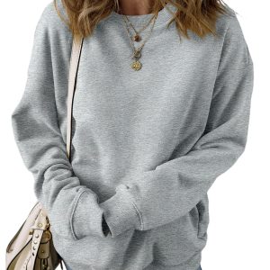 Women's Light Grey Solid Loose Crew Neck Fleece Sweatshirt - Main View