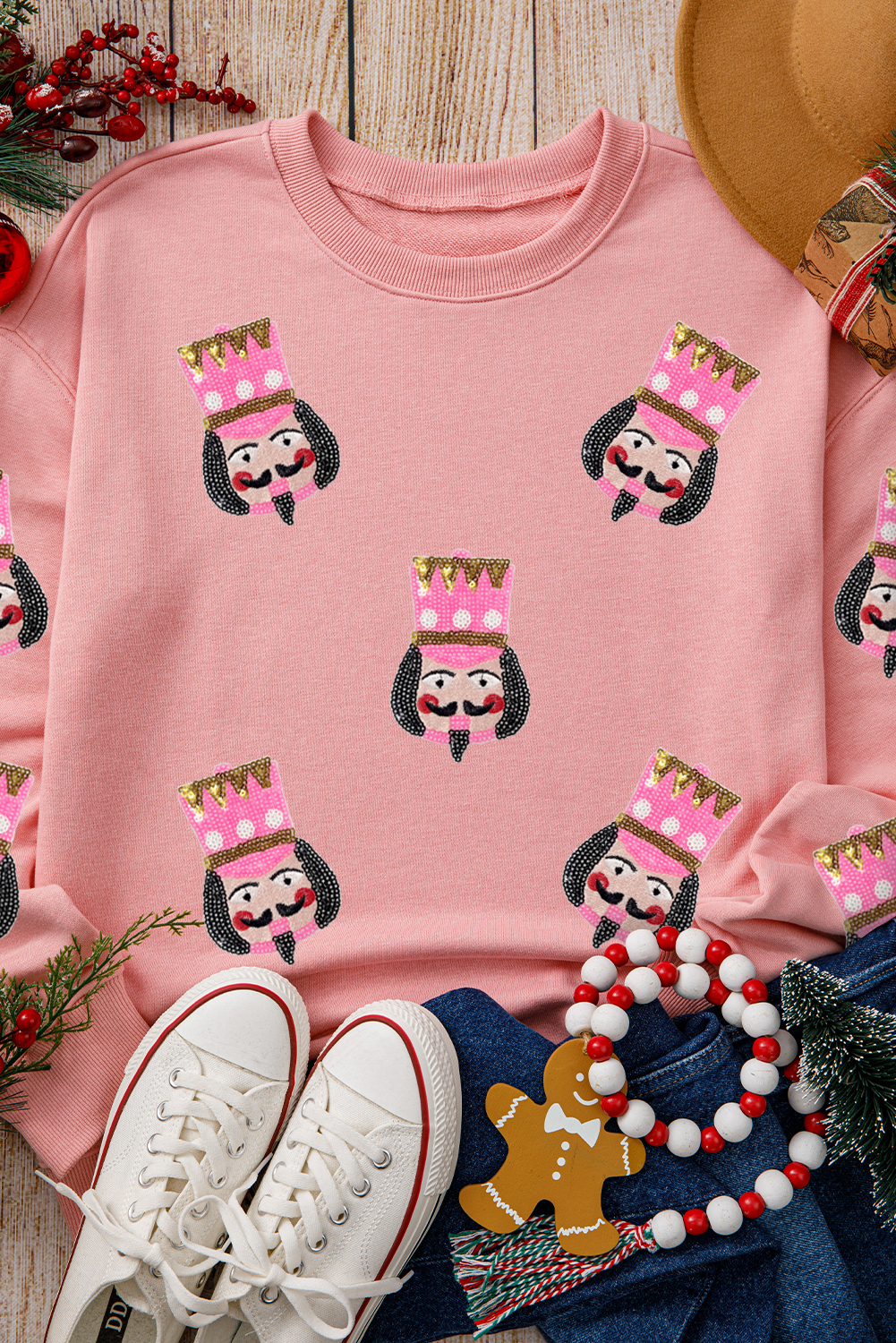 Festive Christmas Sweatshirt with Sequin Nutcracker Design - Cozy Drop Shoulder Style - Detail View 6 Festive Christmas Sweatshirt with Sequin Nutcracker Design - Cozy Drop Shoulder Style - Detail View 6