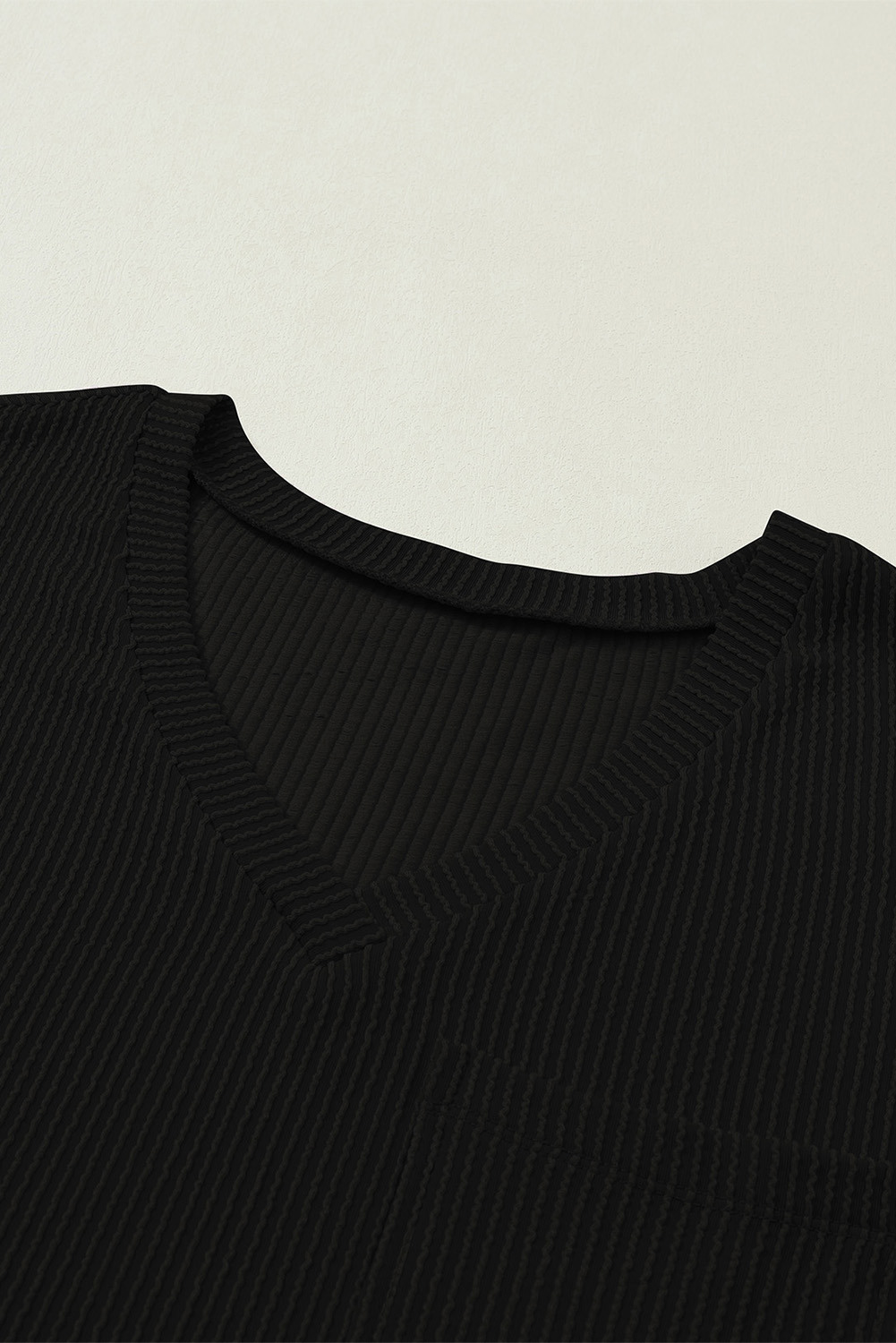Black Ribbed V Neck Tee, Comfortable Shift Top For Daily Wear - Detail View 8 Black Ribbed V Neck Tee, Comfortable Shift Top For Daily Wear - Detail View 8
