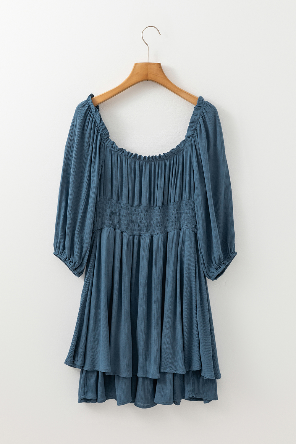 Women's Real Teal Frilled Neckline 3/4 Sleeve Layered Ruched Mini Dress - Detail View 9 Women's Real Teal Frilled Neckline 3/4 Sleeve Layered Ruched Mini Dress - Detail View 9