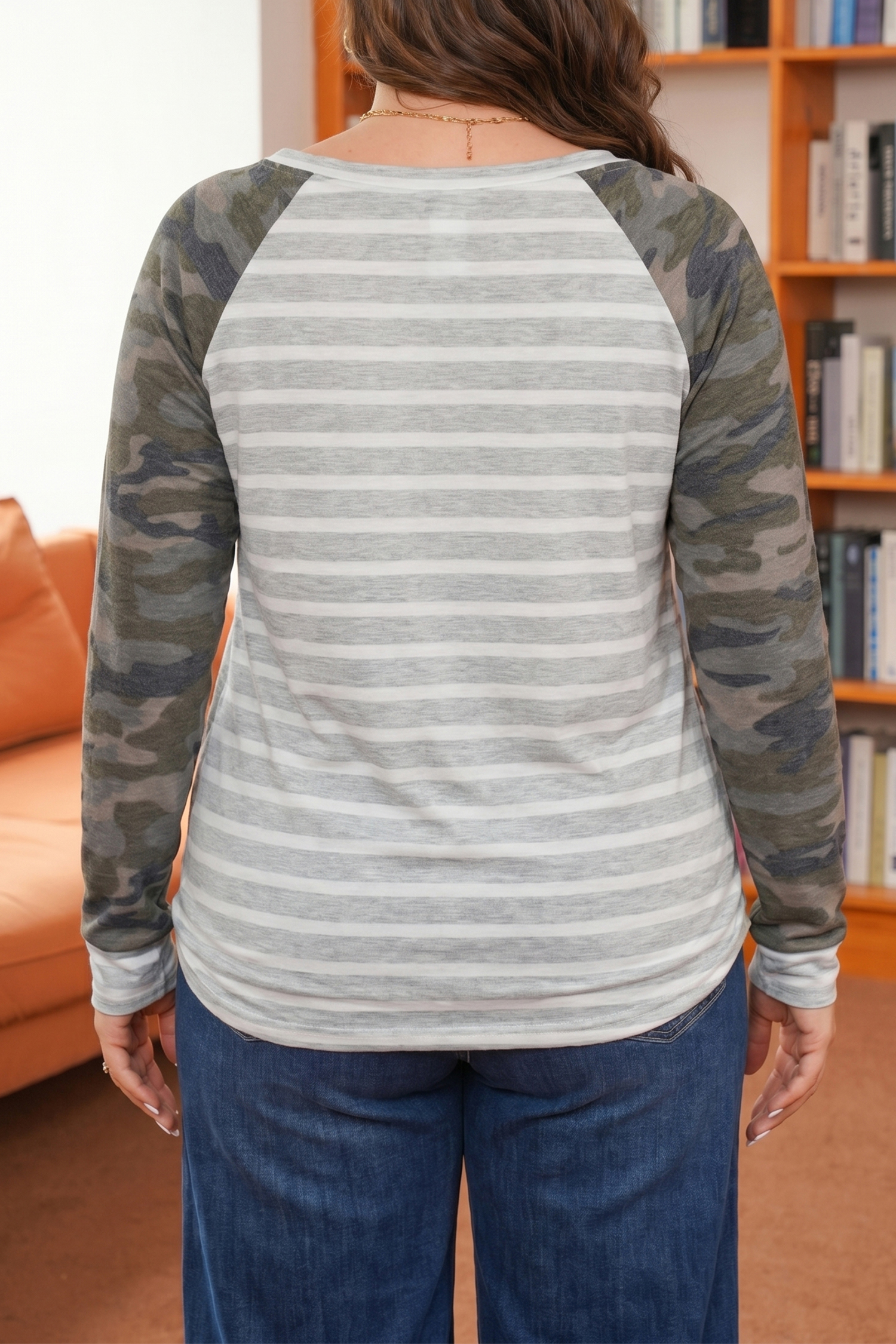 Stylish Camo Print Blouse, Soft Striped Round Neck Shirt - Detail View 2 Stylish Camo Print Blouse, Soft Striped Round Neck Shirt - Detail View 2