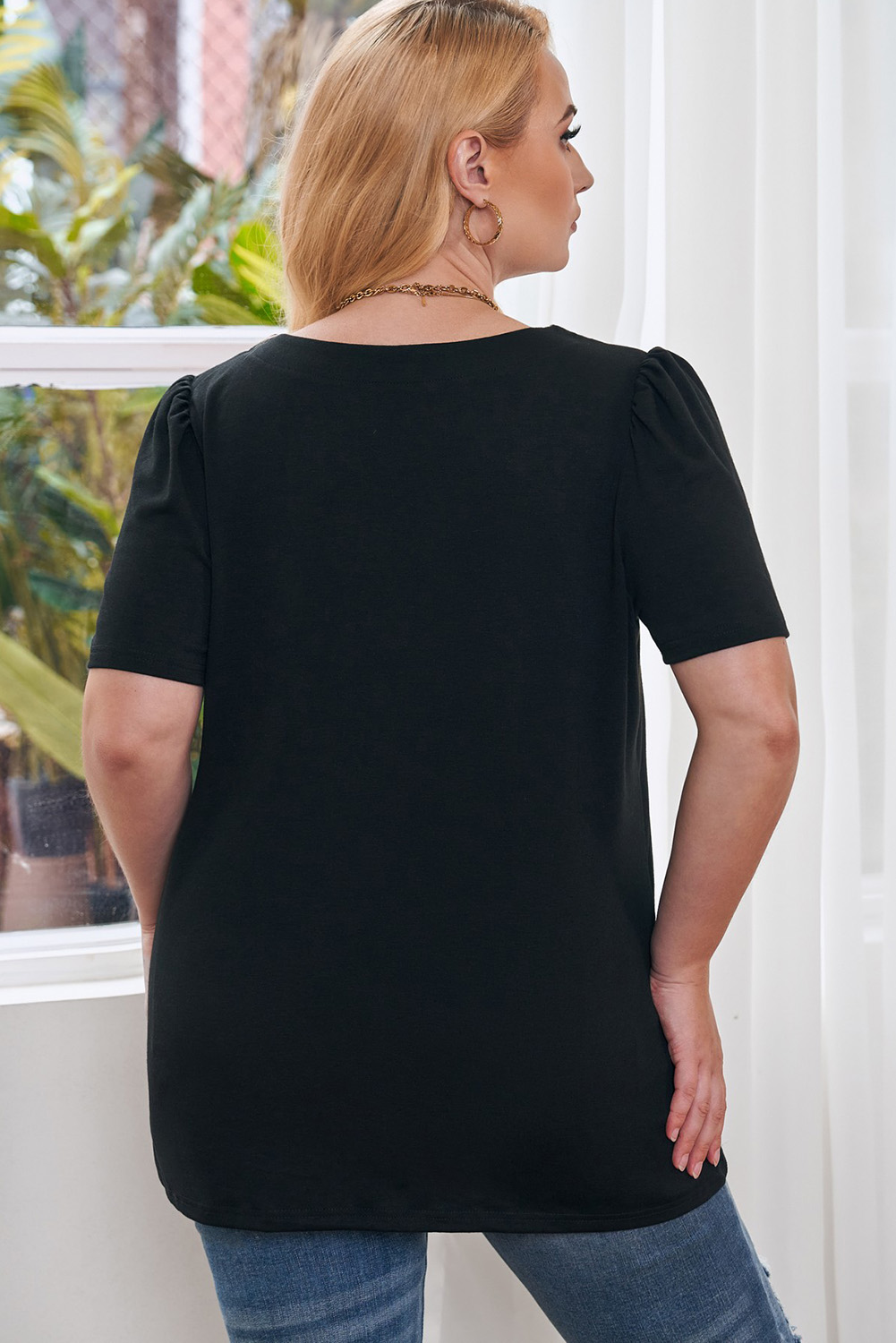 Women's Plus Size Puff Sleeve Top, Solid Black Basic Shirt - Detail View 12 Women's Plus Size Puff Sleeve Top, Solid Black Basic Shirt - Detail View 12