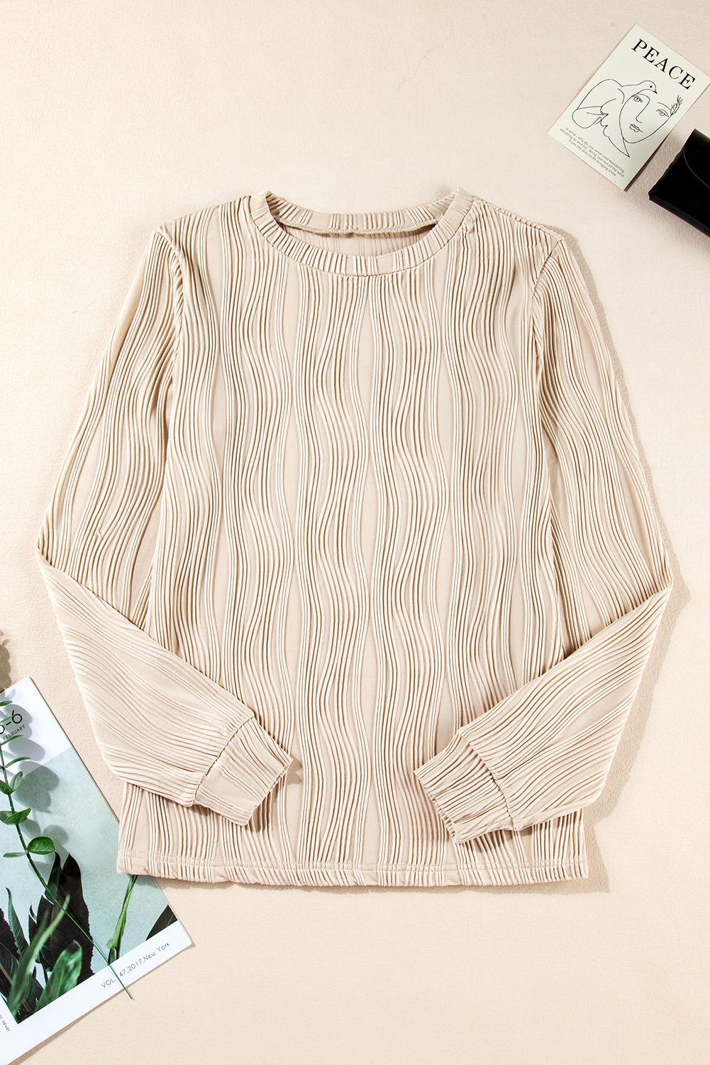 Women's Apricot Textured Wavy Long Sleeve Top - Round Neck - Detail View 6 Women's Apricot Textured Wavy Long Sleeve Top - Round Neck - Detail View 6