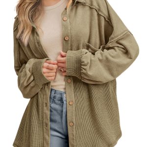 Women's Oversized Moss Green Patchwork Buttoned Waffle Knit Shacket - Main View