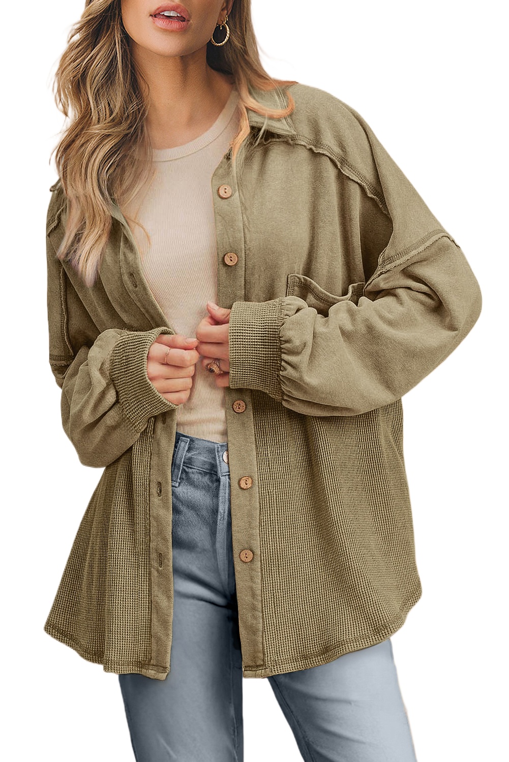 Women's Oversized Moss Green Patchwork Buttoned Waffle Knit Shacket - Main View Women's Oversized Moss Green Patchwork Buttoned Waffle Knit Shacket - Main View