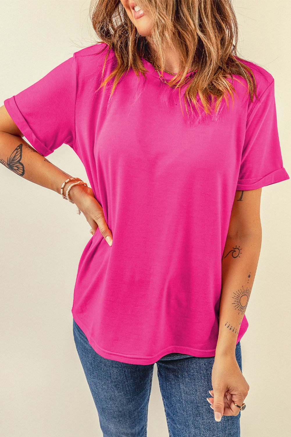 Women's Soft Crew Neck Tee, Casual Rose Red Summer Top - Detail View 3 Women's Soft Crew Neck Tee, Casual Rose Red Summer Top - Detail View 3