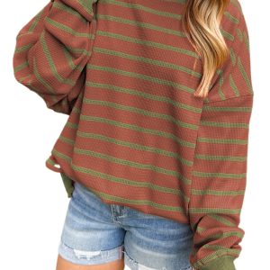 Women's Brown Stripe Trimmed Round Neck Drop Shoulder Loose Sweater - Main View