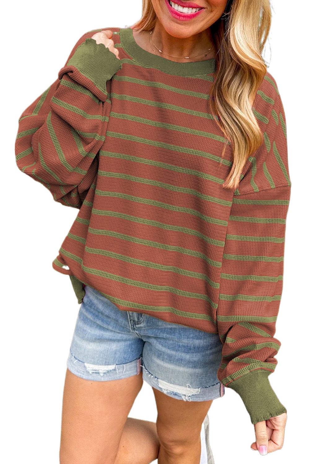 Women's Brown Stripe Trimmed Round Neck Drop Shoulder Loose Sweater - Main View Women's Brown Stripe Trimmed Round Neck Drop Shoulder Loose Sweater - Main View