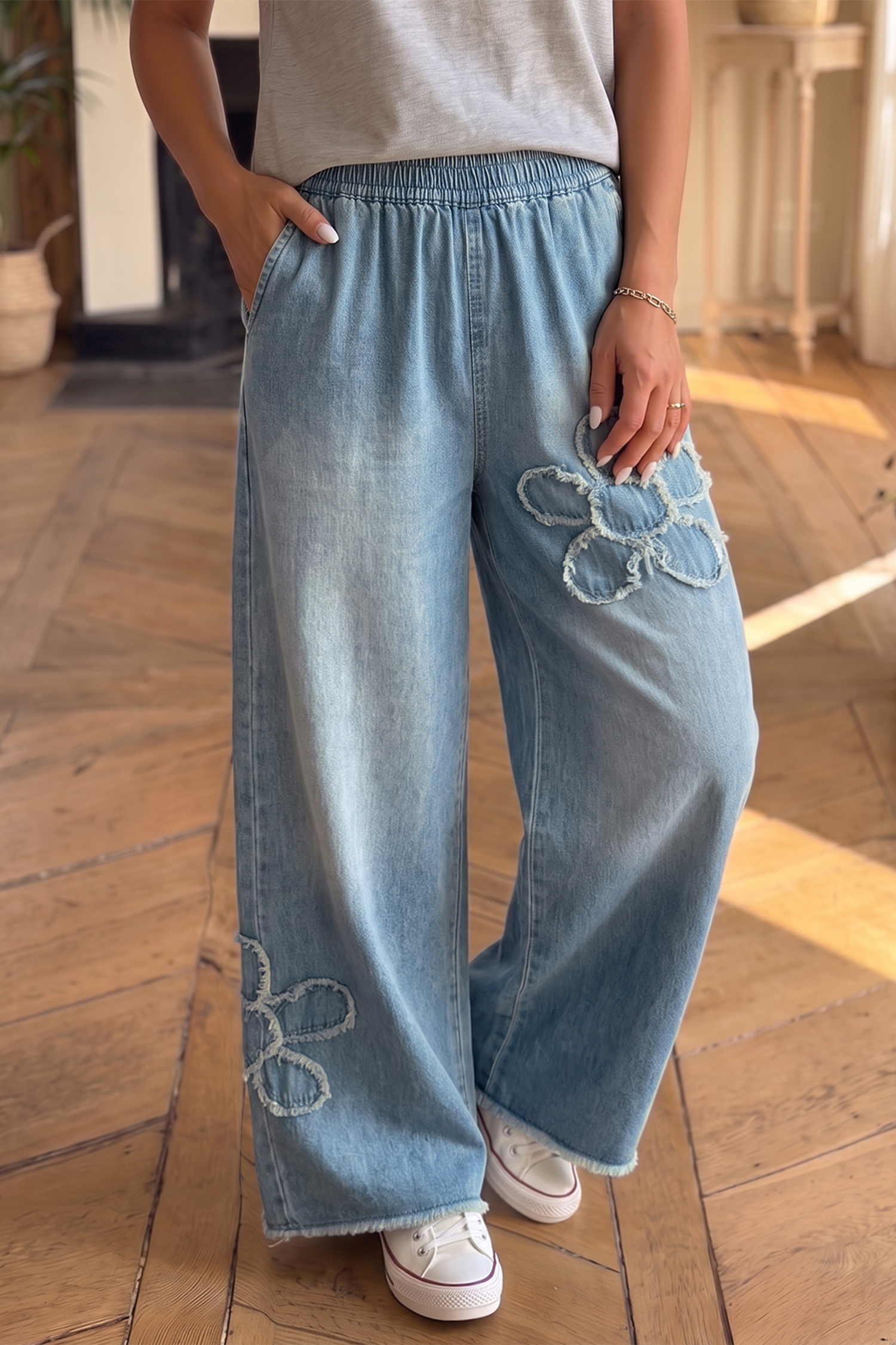 Women's Elastic Waist Jeans, Comfortable Cotton Wide Leg - Detail View 3 Women's Elastic Waist Jeans, Comfortable Cotton Wide Leg - Detail View 3