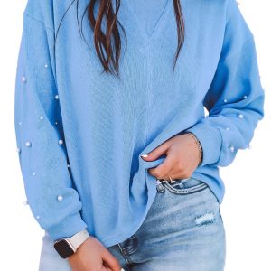 Women's Myosotis Pearled Sleeves Drop Shoulder Round Neck Pullover Sweatshirt - Main View