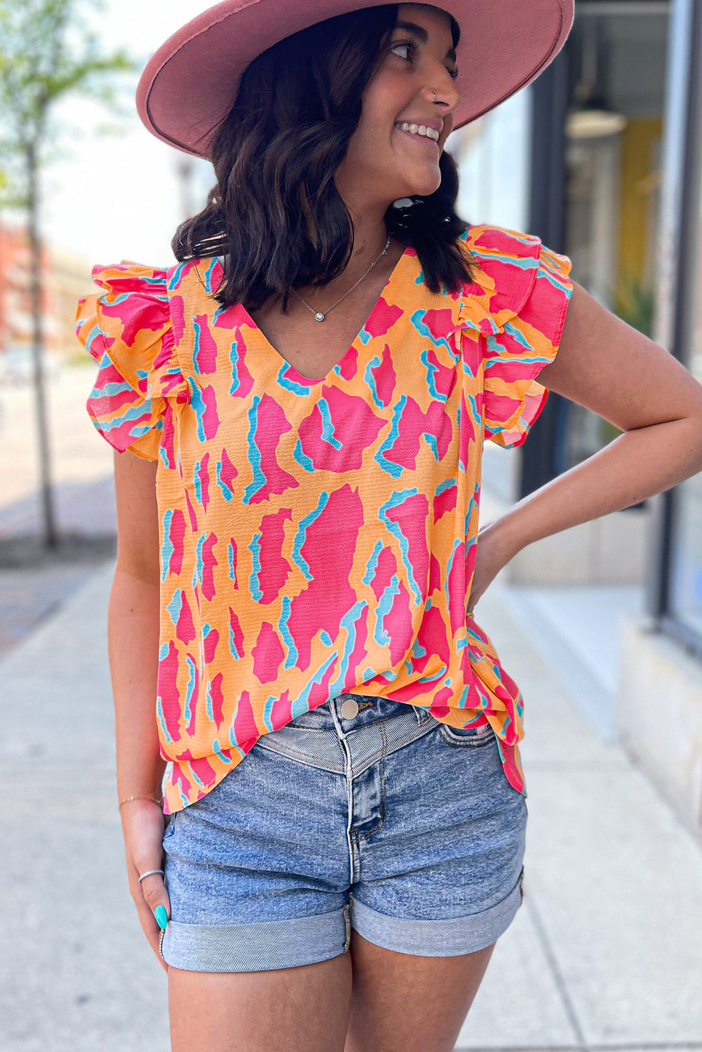 Stylish Geometric Patterned Blouse with Ruffle Sleeves - Orange - Detail View 7 Stylish Geometric Patterned Blouse with Ruffle Sleeves - Orange - Detail View 7