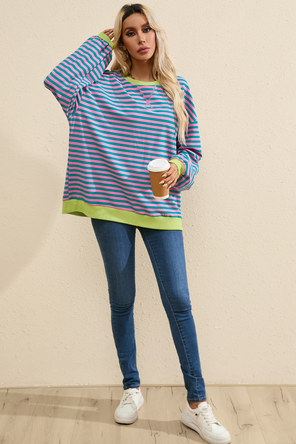 Casual Green Stripe Sweatshirt with Contrast Trim - Oversized Fit - Detail View 2 Casual Green Stripe Sweatshirt with Contrast Trim - Oversized Fit - Detail View 2