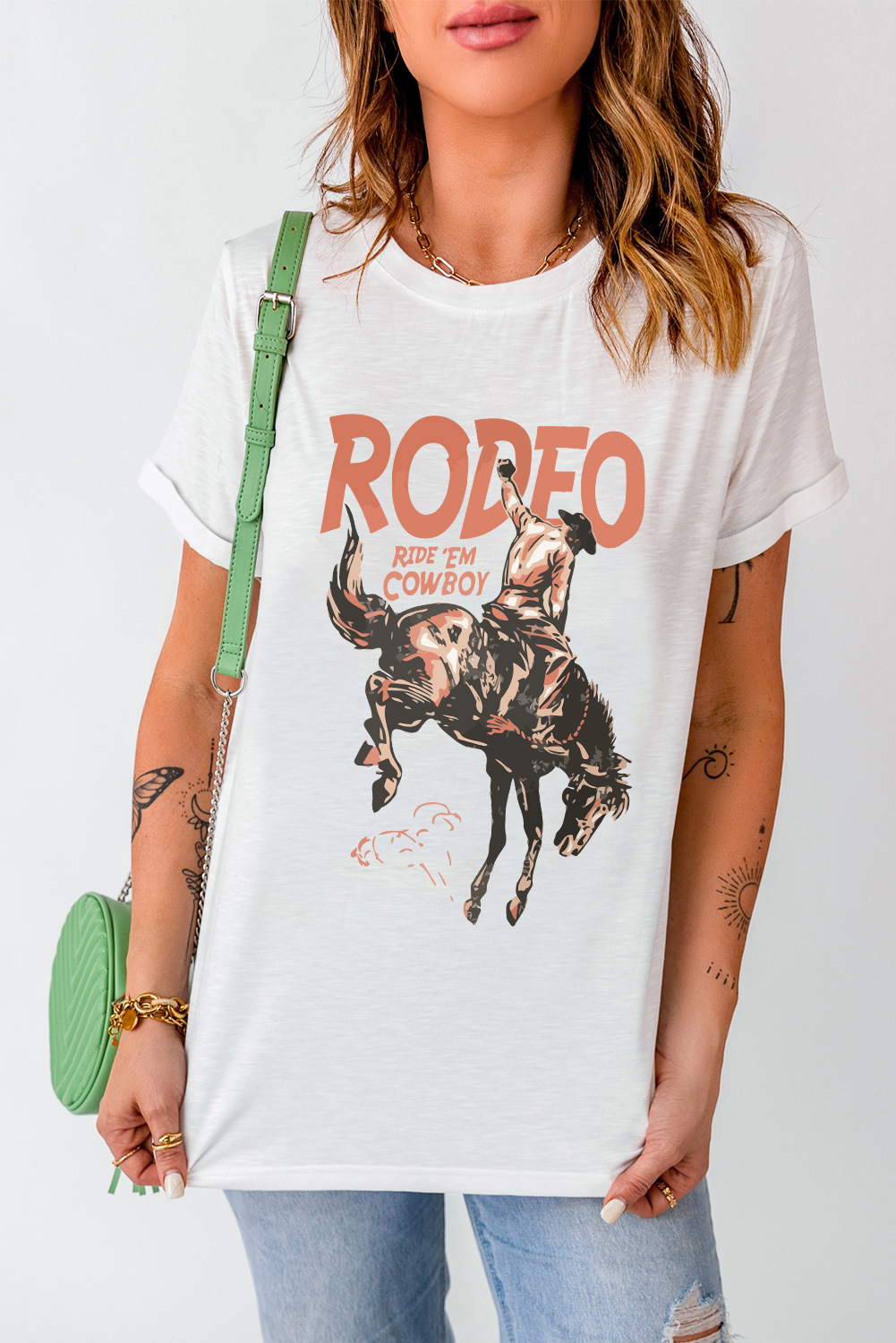 Women's White RODEO Cowboy Graphic Crewneck T-Shirt - Detail View 6 Women's White RODEO Cowboy Graphic Crewneck T-Shirt - Detail View 6