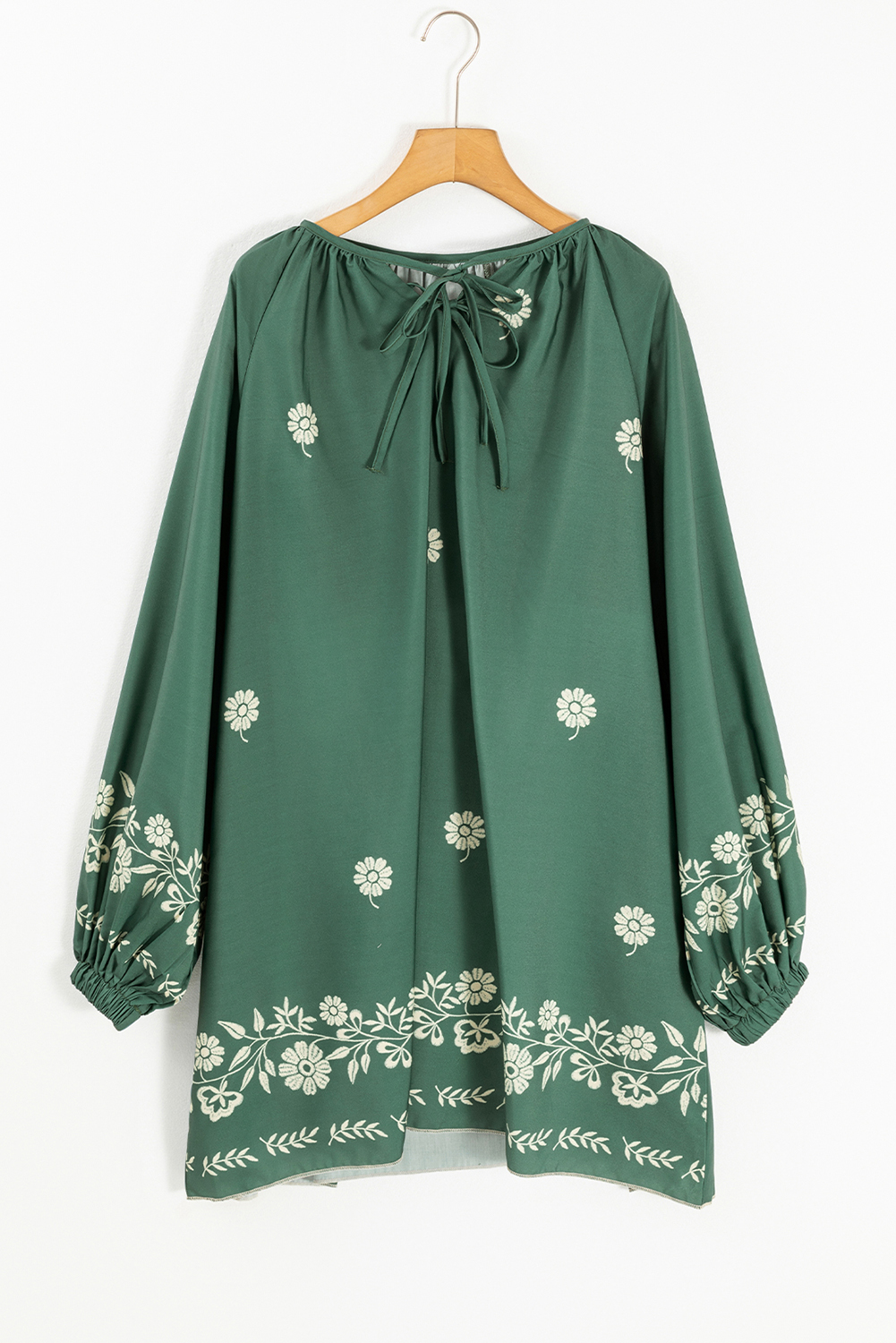 Women's Dress, Mist Green, Boho Style, Floral Pattern, Puff Sleeve, Tie Neck, Shift Silhouette, Mini Dress, Daily Wear, Spring Fashion, Comfortable, Versatile, Short Dress, Elegant, Southern Belle Style, 100% Polyester - Detail View 4 Women's Dress, Mist Green, Boho Style, Floral Pattern, Puff Sleeve, Tie Neck, Shift Silhouette, Mini Dress, Daily Wear, Spring Fashion, Comfortable, Versatile, Short Dress, Elegant, Southern Belle Style, 100% Polyester - Detail View 4