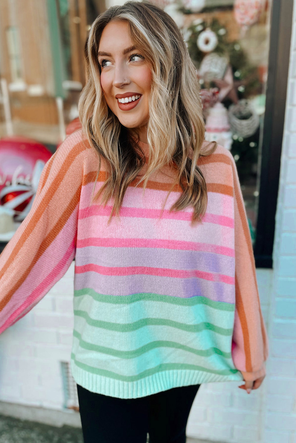 Stay warm and stylish this autumn and winter with our Women's Multicolour Gradient Striped Ribbed Edge Loose Sweater. This cozy knit sweater features a gradient striped silhouette, a loose fit, and bubble sleeves, making it perfect for casual daily wear. The ribbed edge adds a comfortable and soft touch to the sweater. Pair it with your favorite jeans or jumpsuits for a chic and comfortable outfit. Made from a blend of 50% viscose, 28% polyester, and 22% polyamide, this sweater is durable and easy to care for. With its multicolour gradient effect, it's a great addition to your autumn and winter wardrobe, suitable for both daily wear and special occasions. Its casual style makes it easy to dress up or down, and its long sleeves ensure ultimate warmth and comfort. - Detail View 4 Stay warm and stylish this autumn and winter with our Women's Multicolour Gradient Striped Ribbed Edge Loose Sweater. This cozy knit sweater features a gradient striped silhouette, a loose fit, and bubble sleeves, making it perfect for casual daily wear. The ribbed edge adds a comfortable and soft touch to the sweater. Pair it with your favorite jeans or jumpsuits for a chic and comfortable outfit. Made from a blend of 50% viscose, 28% polyester, and 22% polyamide, this sweater is durable and easy to care for. With its multicolour gradient effect, it's a great addition to your autumn and winter wardrobe, suitable for both daily wear and special occasions. Its casual style makes it easy to dress up or down, and its long sleeves ensure ultimate warmth and comfort. - Detail View 4