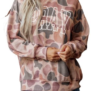 Women's Camo Pullover Sweatshirt, Casual Stand Neck Top - Main View