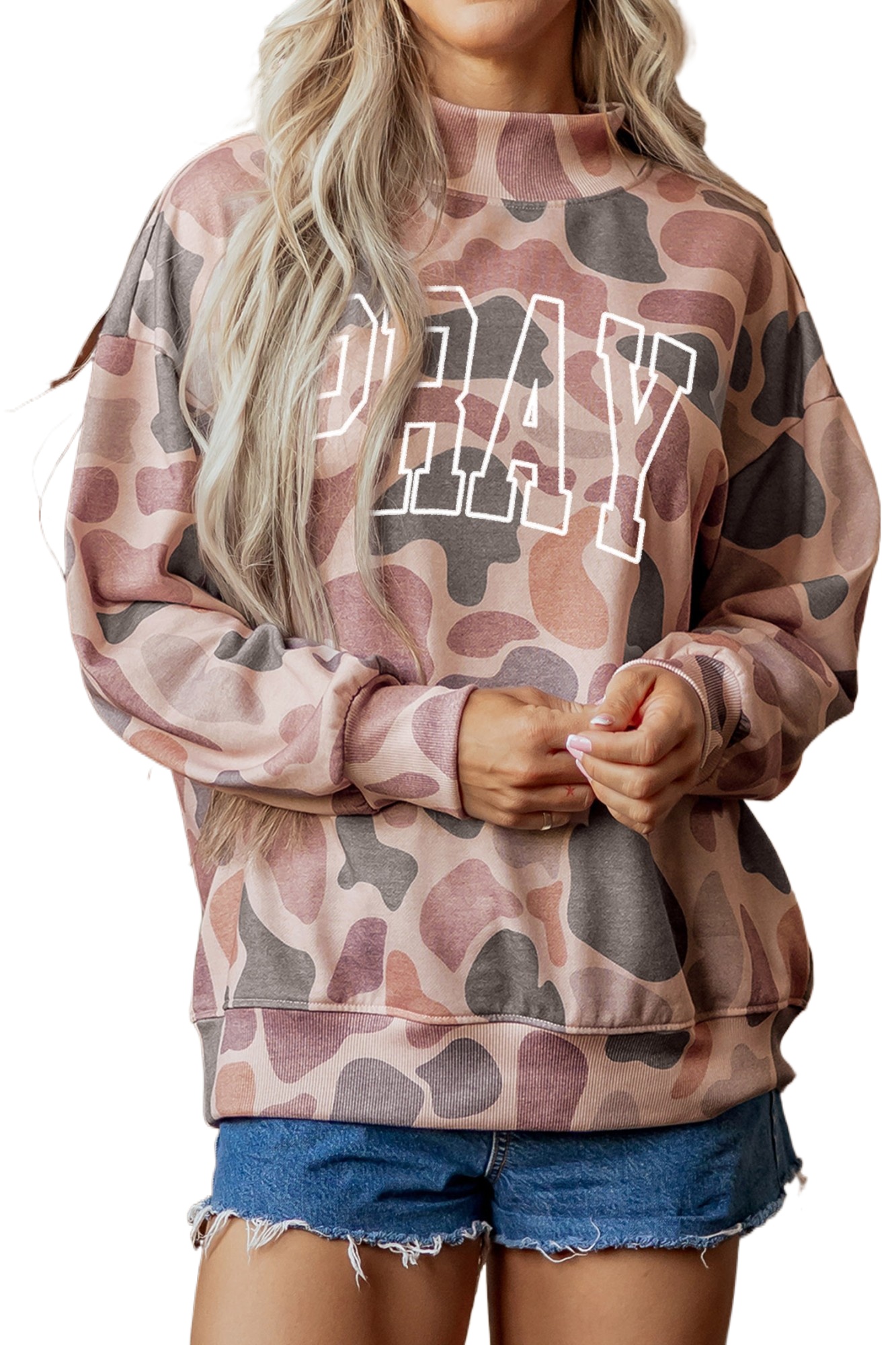 Women's Camo Pullover Sweatshirt, Casual Stand Neck Top - Main View Women's Camo Pullover Sweatshirt, Casual Stand Neck Top - Main View