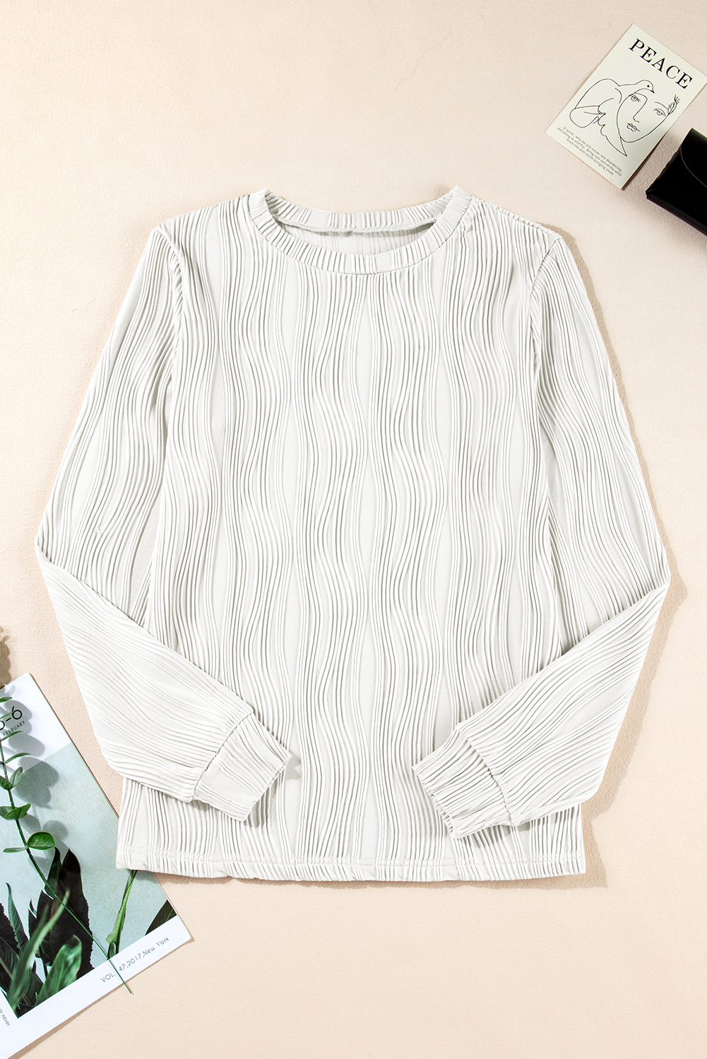 Women's White Textured Wavy Round Neck Long Sleeve Top - Detail View 6 Women's White Textured Wavy Round Neck Long Sleeve Top - Detail View 6