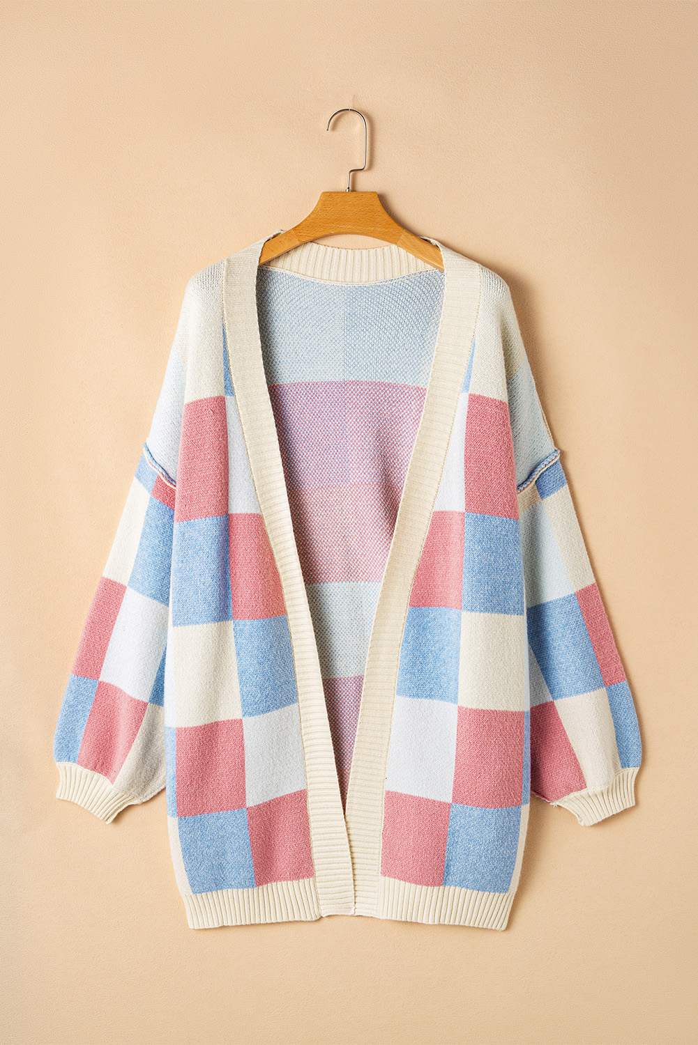 Timeless Checkered Knitwear - Light Blue Drop Shoulder Cardigan with Exposed Seams - Detail View 7 Timeless Checkered Knitwear - Light Blue Drop Shoulder Cardigan with Exposed Seams - Detail View 7