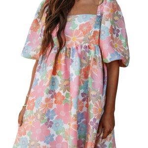 Women's Floral Mini Dress, Square Neck Puff Sleeve Babydoll - Main View