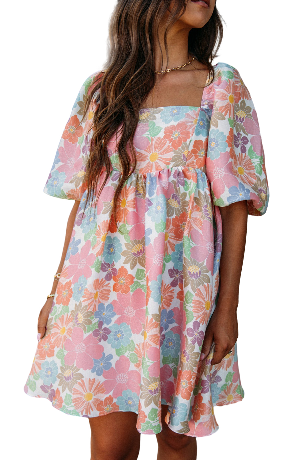 Women's Floral Mini Dress, Square Neck Puff Sleeve Babydoll - Main View Women's Floral Mini Dress, Square Neck Puff Sleeve Babydoll - Main View