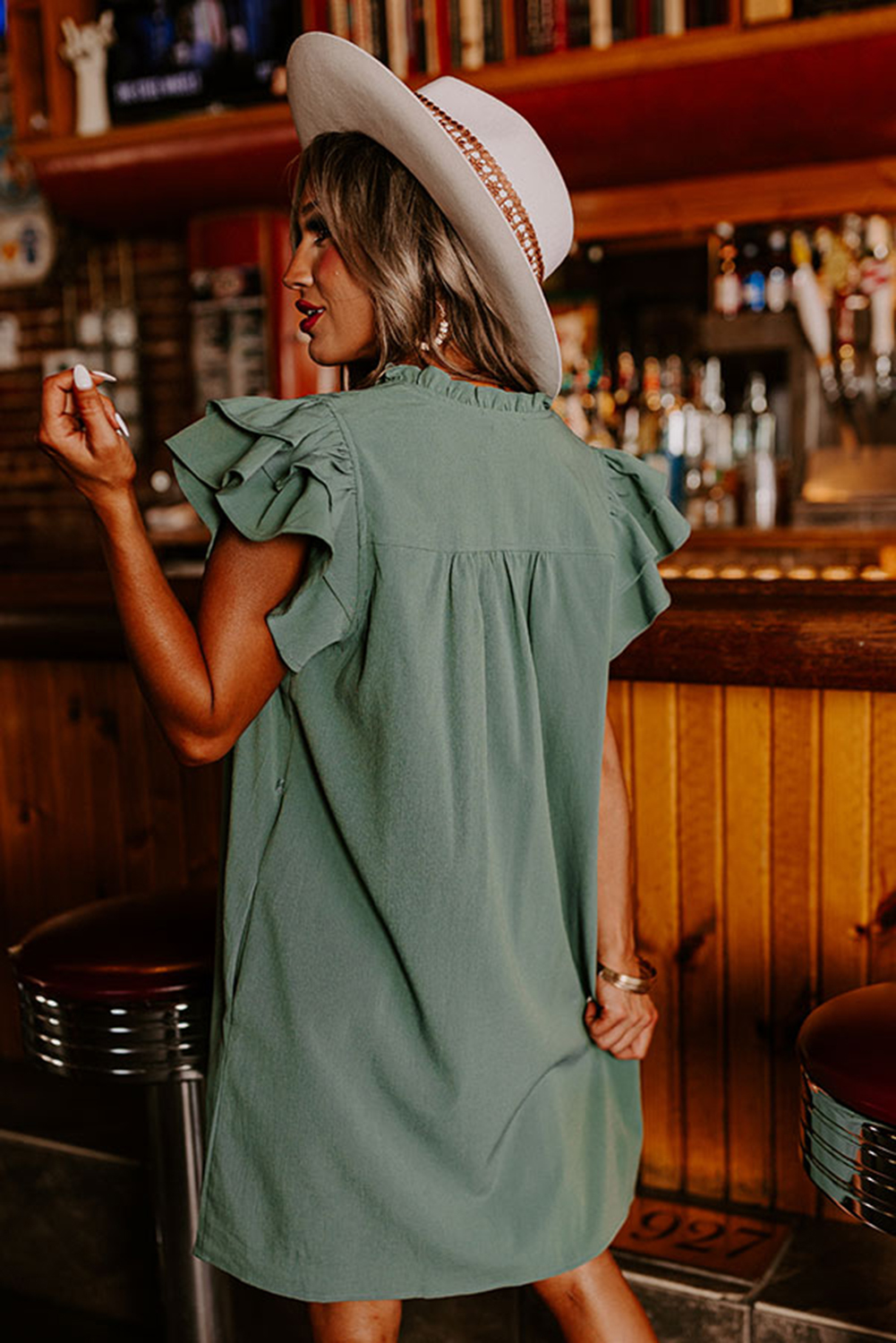 Versatile Summer Dress: V-Neck, Frilled Sleeves, Comfortable Shift Cut - Detail View 3 Versatile Summer Dress: V-Neck, Frilled Sleeves, Comfortable Shift Cut - Detail View 3