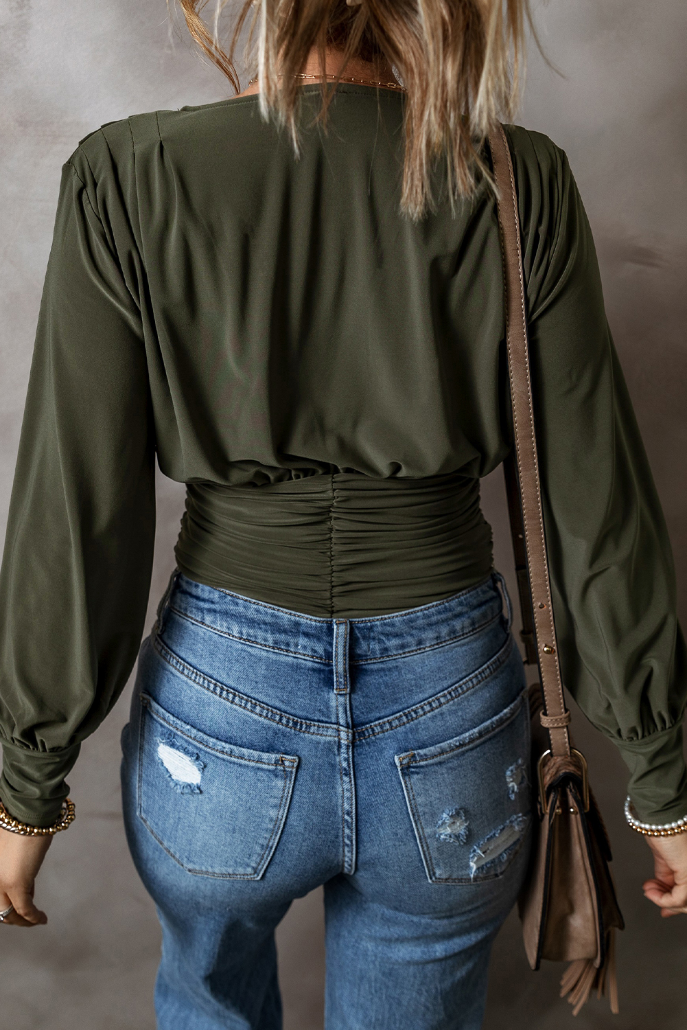 Elegant Bodysuit with Ruched Detailing - Moss Green - Detail View 2 Elegant Bodysuit with Ruched Detailing - Moss Green - Detail View 2