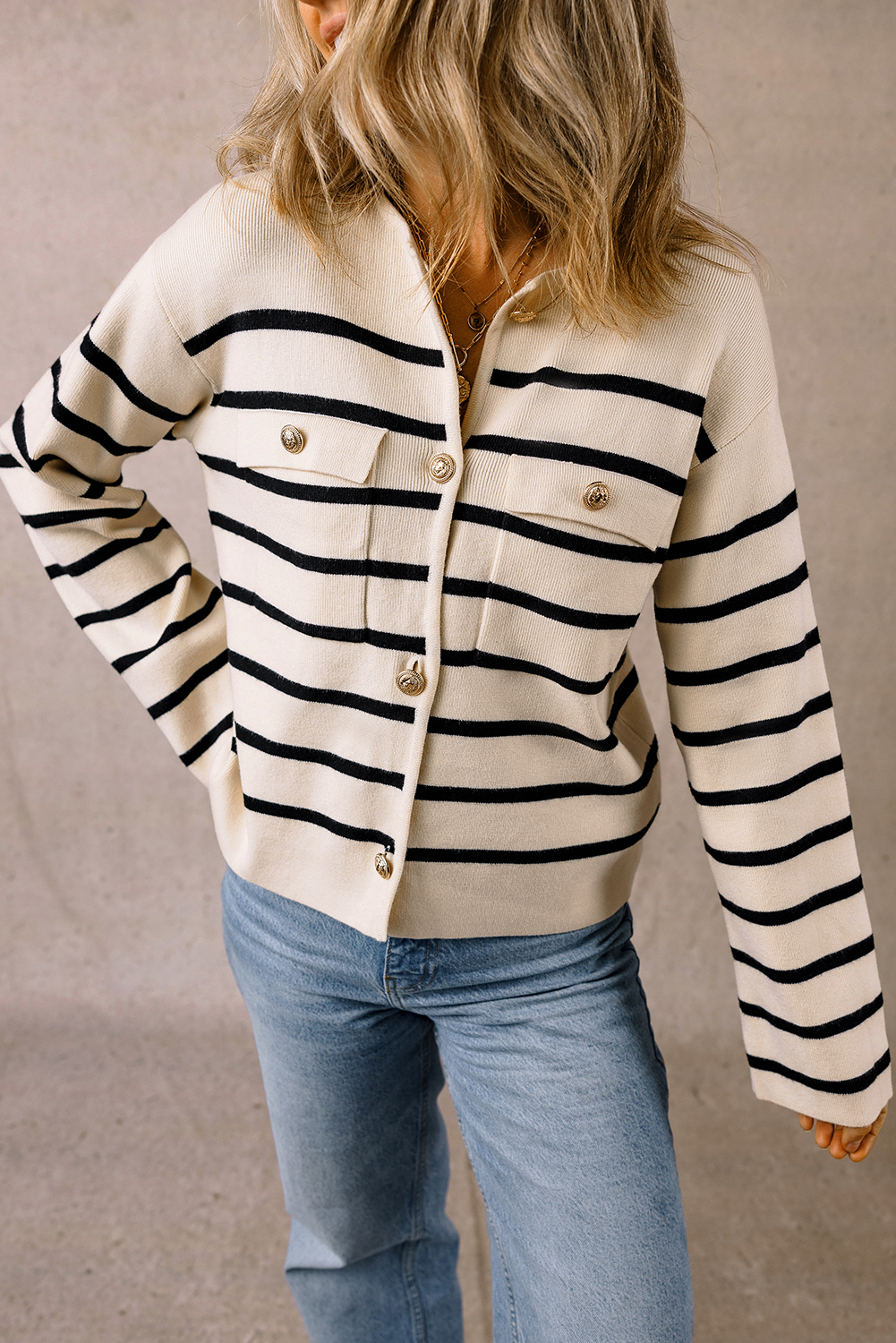Traditional Knit Cardigan with Flap Pockets - Striped Pattern and Buttoned Front - Detail View 7 Traditional Knit Cardigan with Flap Pockets - Striped Pattern and Buttoned Front - Detail View 7