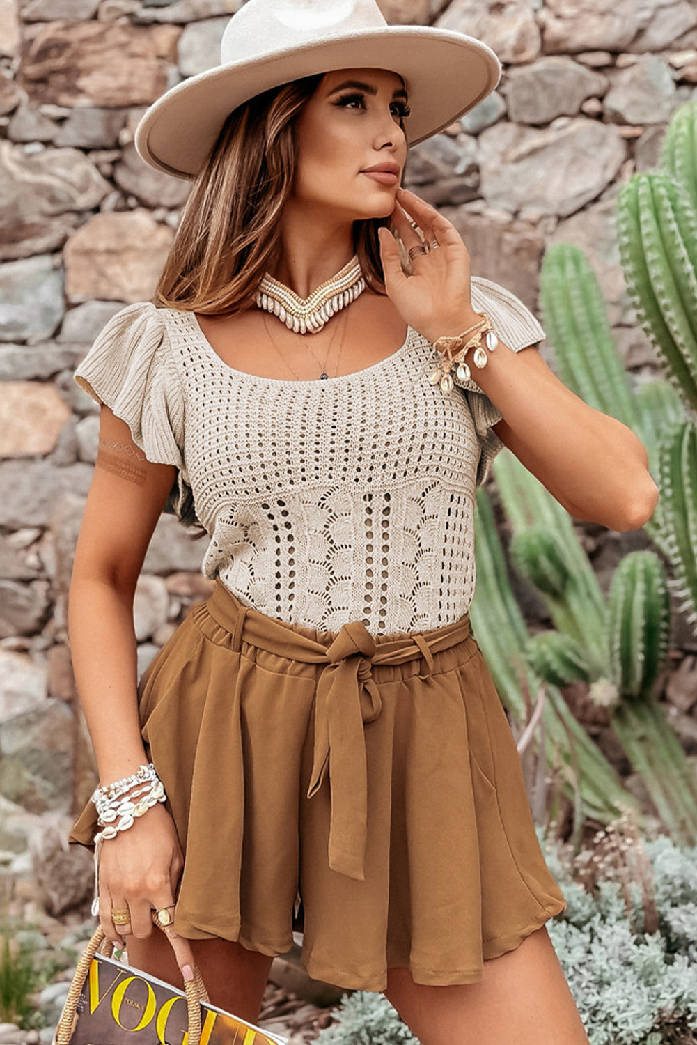 Women's Beige Pointelle Sweater, Elegant Flutter Sleeve Top - Detail View 7 Women's Beige Pointelle Sweater, Elegant Flutter Sleeve Top - Detail View 7