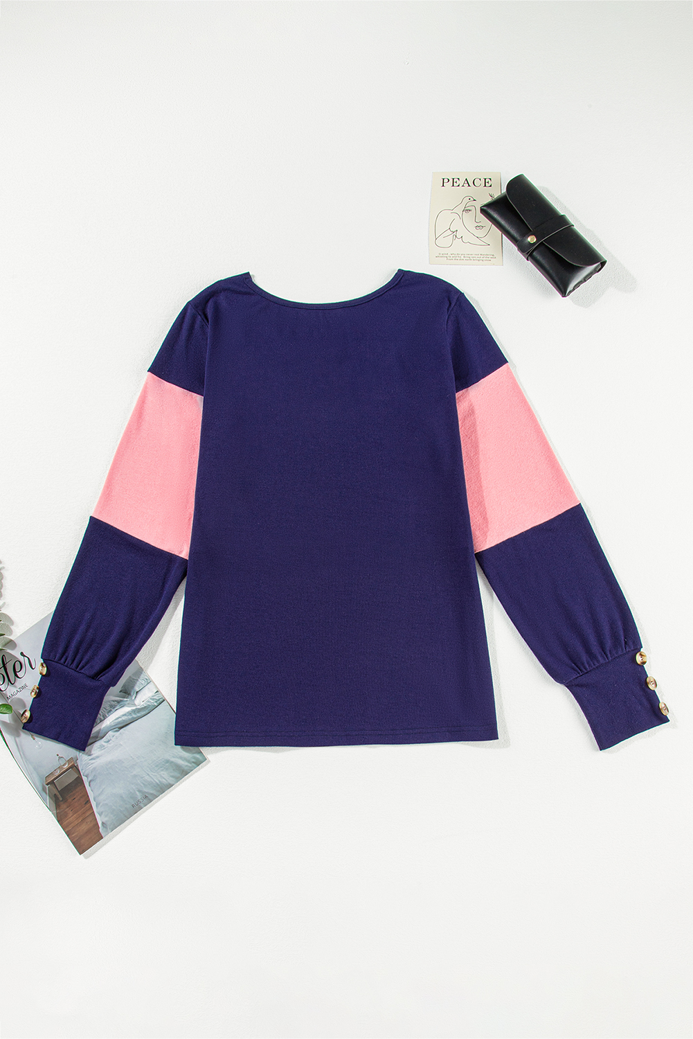 Stylish Long Sleeve Top: Blue Stripe Colorblock with Button Decor - Detail View 7 Stylish Long Sleeve Top: Blue Stripe Colorblock with Button Decor - Detail View 7