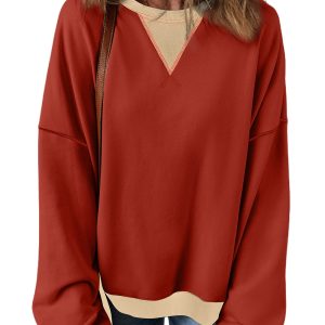 Women's Red Clay Color Block Patch Drop Shoulder Oversized Sweatshirt - Main View