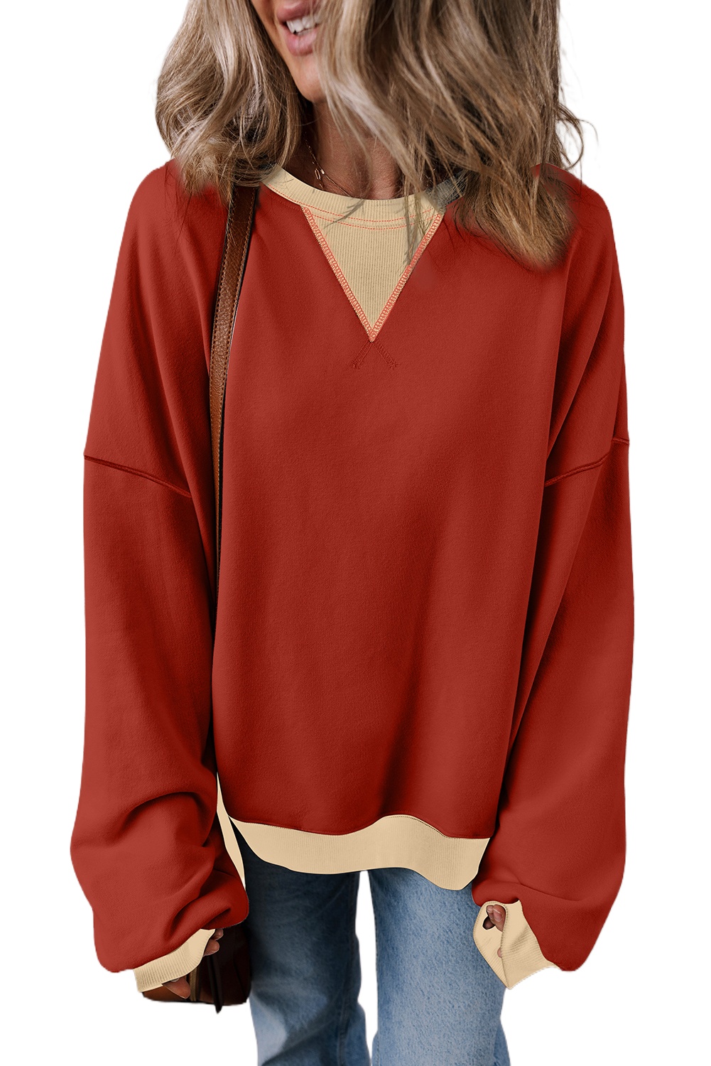 Women's Red Clay Color Block Patch Drop Shoulder Oversized Sweatshirt - Main View Women's Red Clay Color Block Patch Drop Shoulder Oversized Sweatshirt - Main View