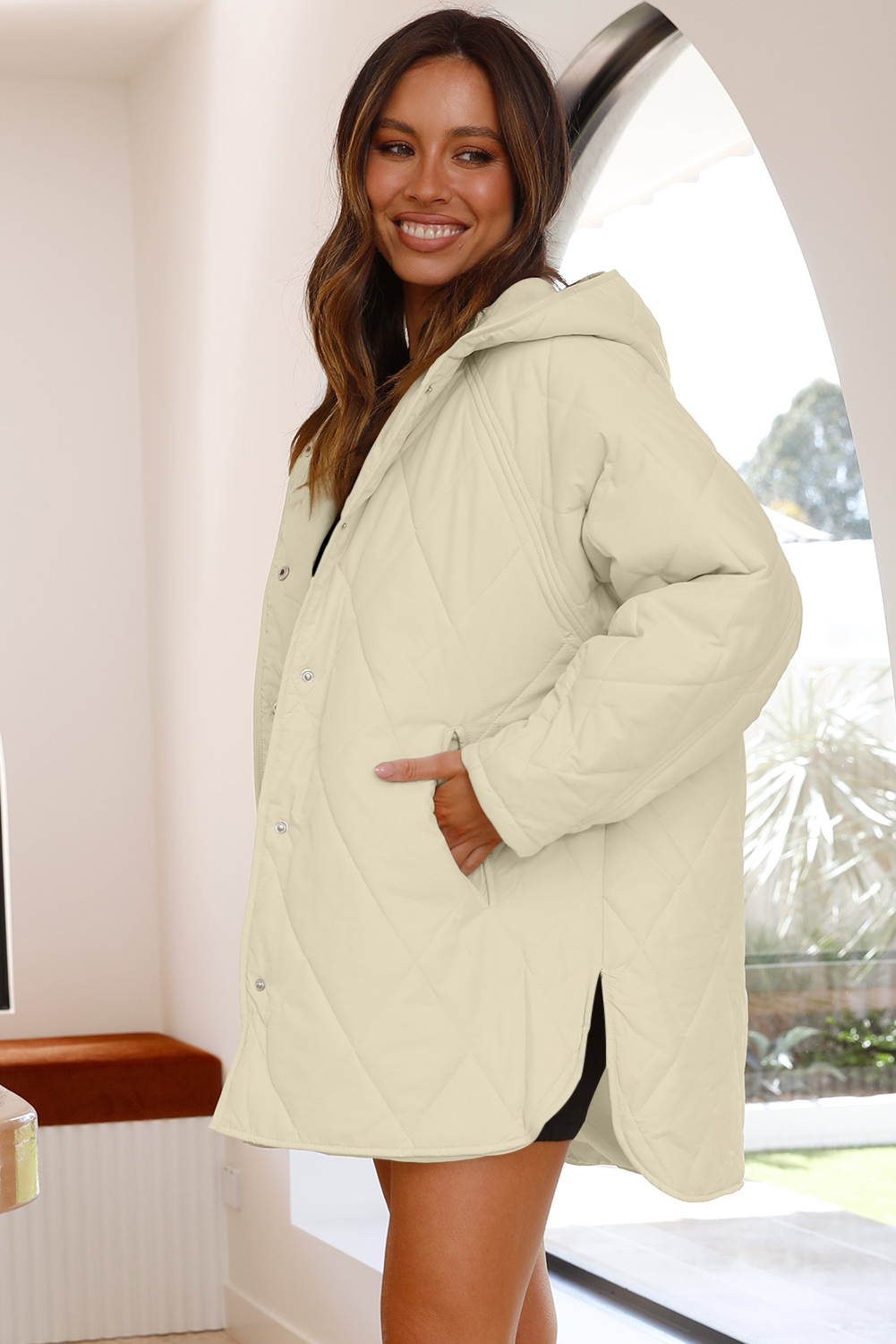 Women's Coat, Beige Quilted, Hooded Coat, Snap Button, Casual Style, Lightweight, Insulating, Puffer Coat, Daily Wear, Winter Outerwear, Comfortable, Stylish Texture, Long Sleeve, Basic Fashion, Shift Silhouette, Pocket - Detail View 12 Women's Coat, Beige Quilted, Hooded Coat, Snap Button, Casual Style, Lightweight, Insulating, Puffer Coat, Daily Wear, Winter Outerwear, Comfortable, Stylish Texture, Long Sleeve, Basic Fashion, Shift Silhouette, Pocket - Detail View 12