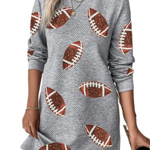 Women's Football Graphic Dress, Gray Sequin Long Sleeve Mini - Main View