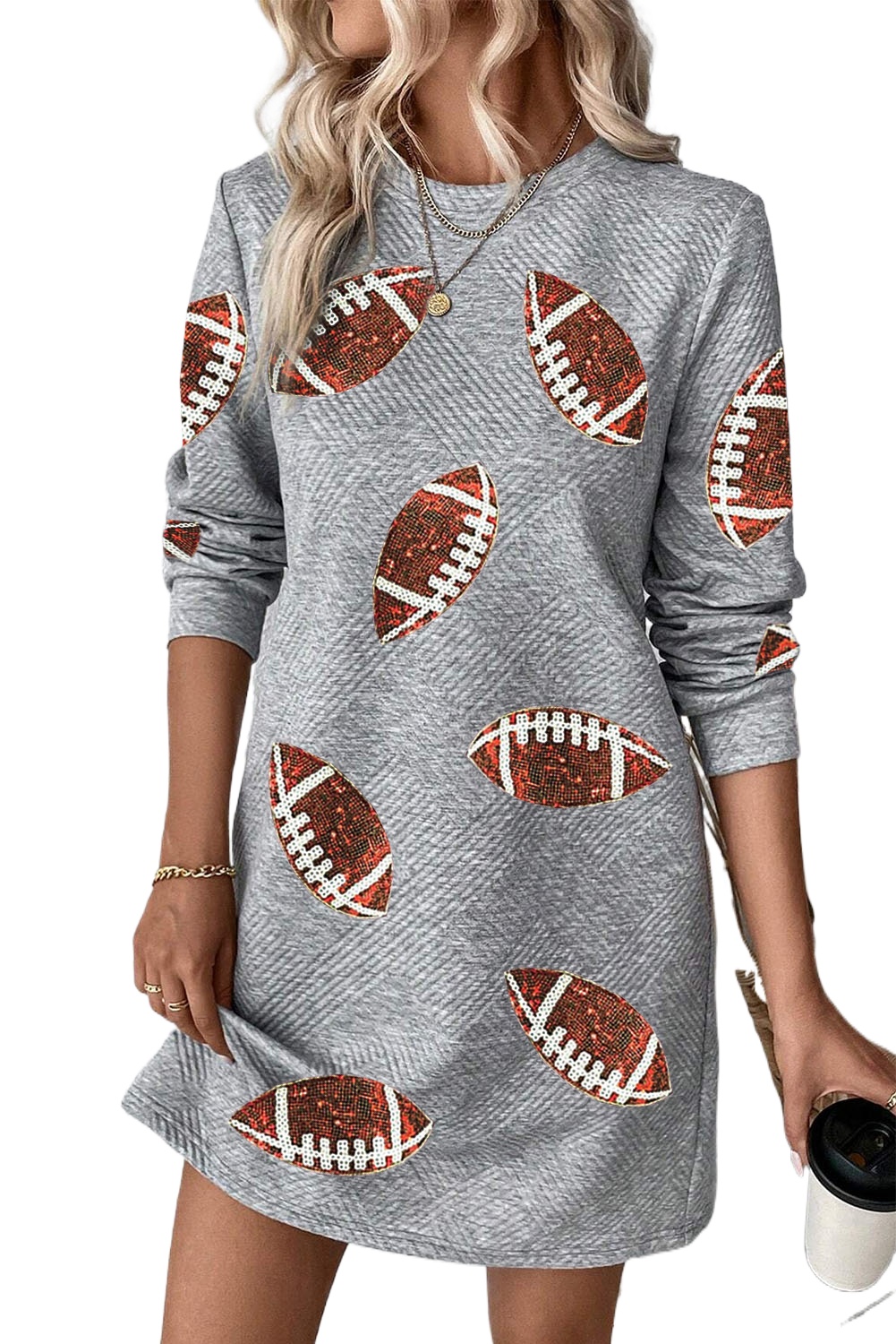 Women's Football Graphic Dress, Gray Sequin Long Sleeve Mini - Main View Women's Football Graphic Dress, Gray Sequin Long Sleeve Mini - Main View