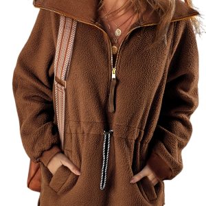 Women's Brown Half Zip Fleece Pullover Sweatshirt for Casual Comfort - Main View