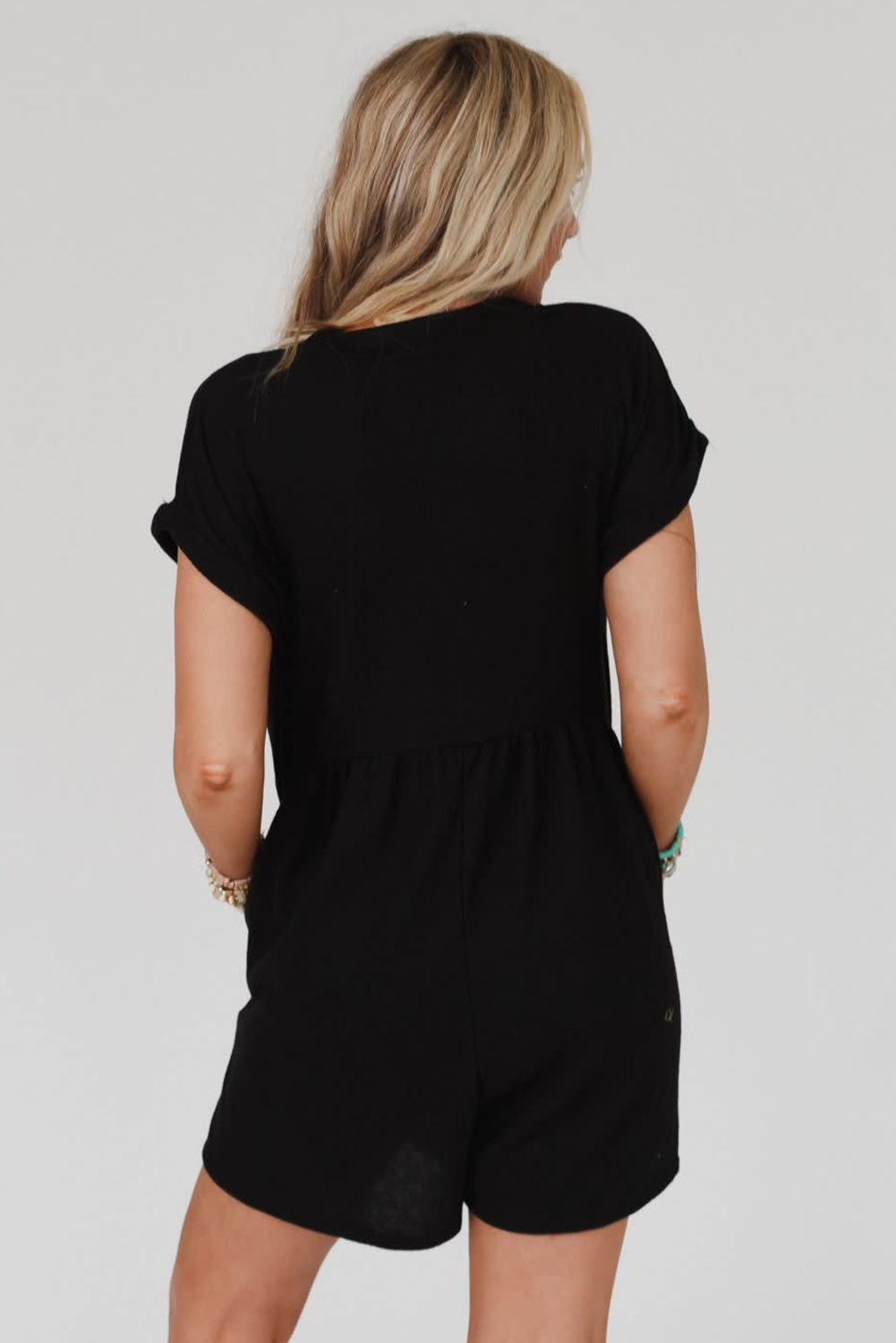 Women's Casual Button Up Romper, Comfortable Pocketed Shorts - Detail View 3 Women's Casual Button Up Romper, Comfortable Pocketed Shorts - Detail View 3