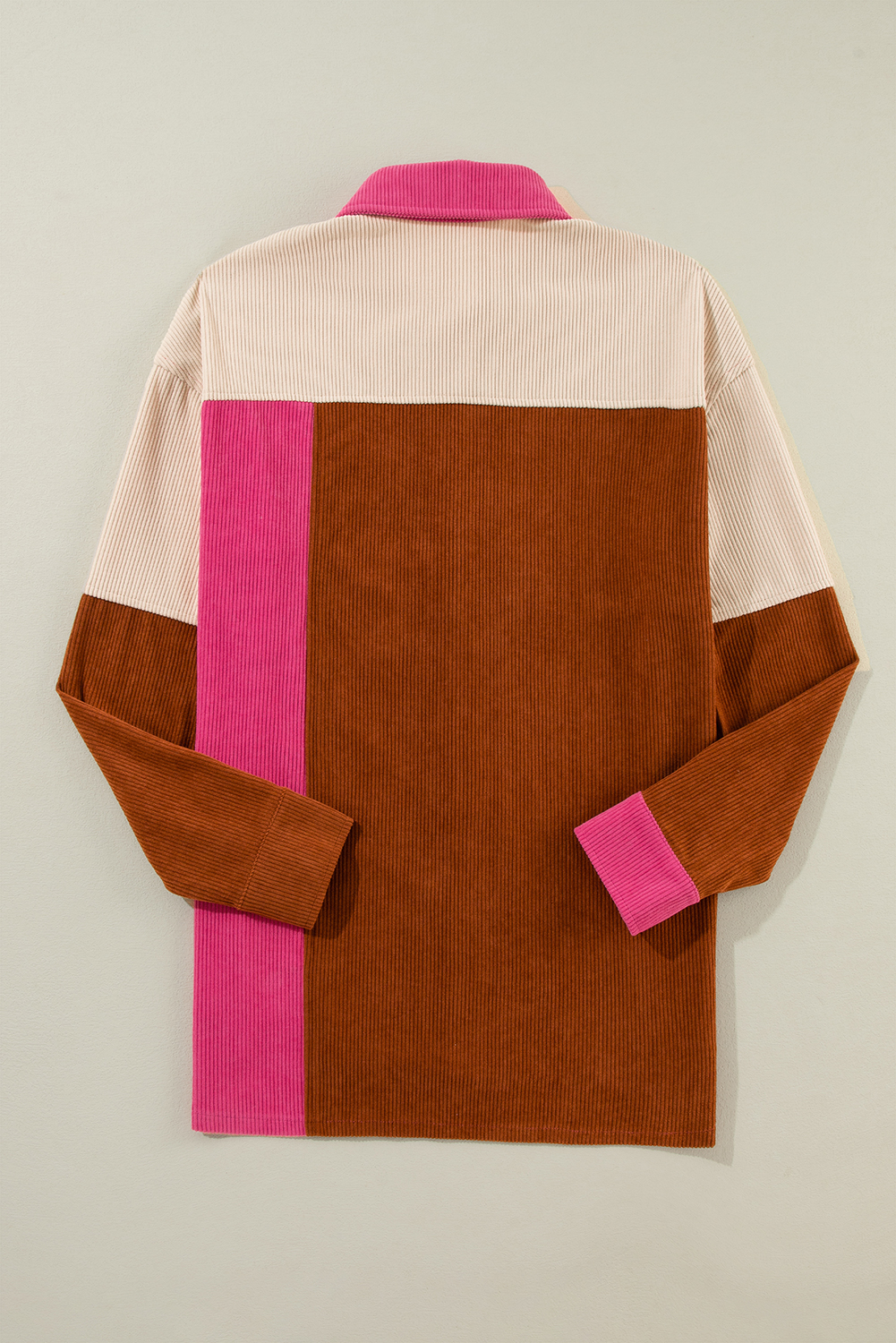 Stylish Long Sleeve Corduroy Shacket: Rose Red Colorblock Design - Detail View 7 Stylish Long Sleeve Corduroy Shacket: Rose Red Colorblock Design - Detail View 7