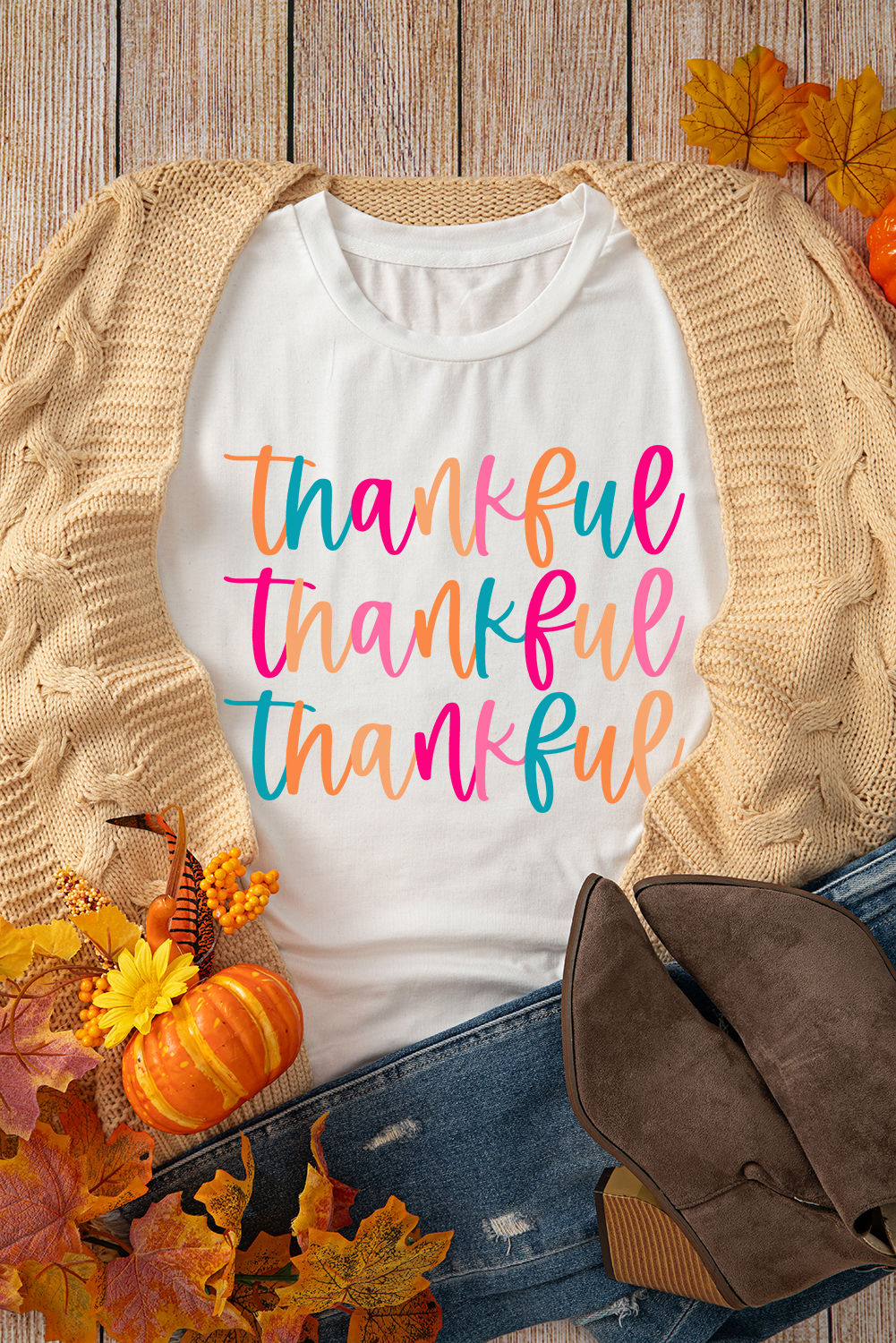Casual Crew Neck Graphic Tee: 'Thankful' Letter Print for Thanksgiving - Detail View 2 Casual Crew Neck Graphic Tee: 'Thankful' Letter Print for Thanksgiving - Detail View 2