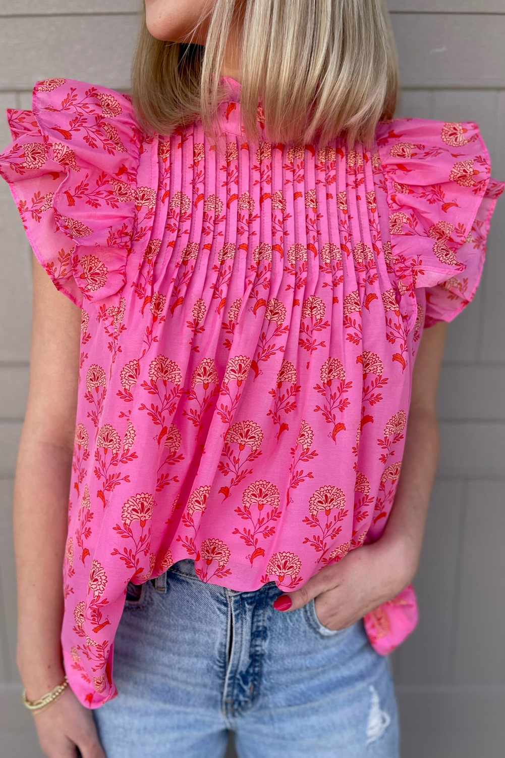 Rose Red Floral Blouse with Ruffled Sleeves - Whimsical and Feminine Design - Detail View 2 Rose Red Floral Blouse with Ruffled Sleeves - Whimsical and Feminine Design - Detail View 2