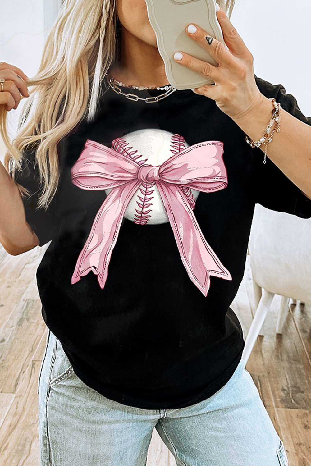 Graphic Baseball Bow Tee, Women's Black Short Sleeve Shirt - Detail View 2 Graphic Baseball Bow Tee, Women's Black Short Sleeve Shirt - Detail View 2