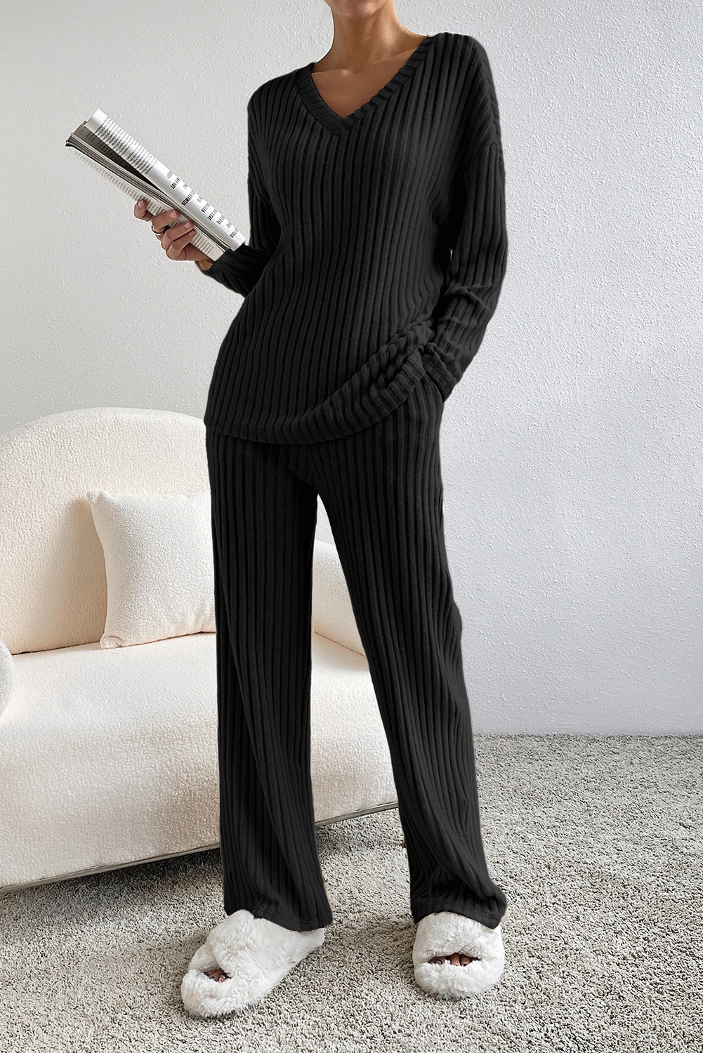Women's Ribbed Knit Two Piece Set, Casual V Neck Lounge Outfit - Detail View 4 Women's Ribbed Knit Two Piece Set, Casual V Neck Lounge Outfit - Detail View 4