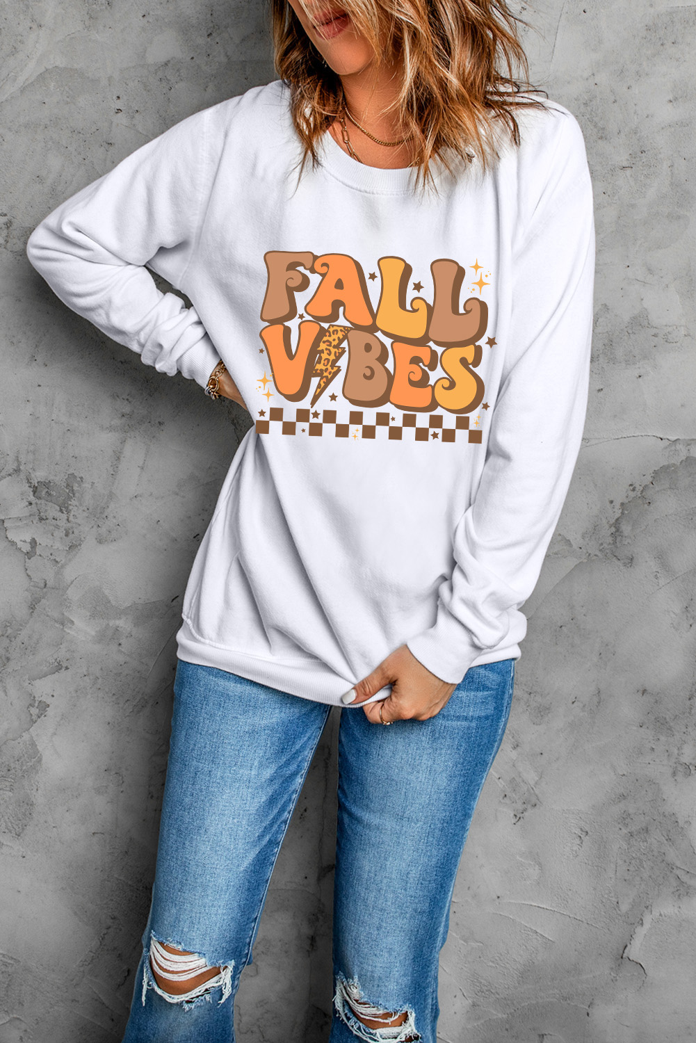Stylish Casual Long Sleeve Sweatshirt - Beige with Fall Vibes Graphic - Detail View 7 Stylish Casual Long Sleeve Sweatshirt - Beige with Fall Vibes Graphic - Detail View 7