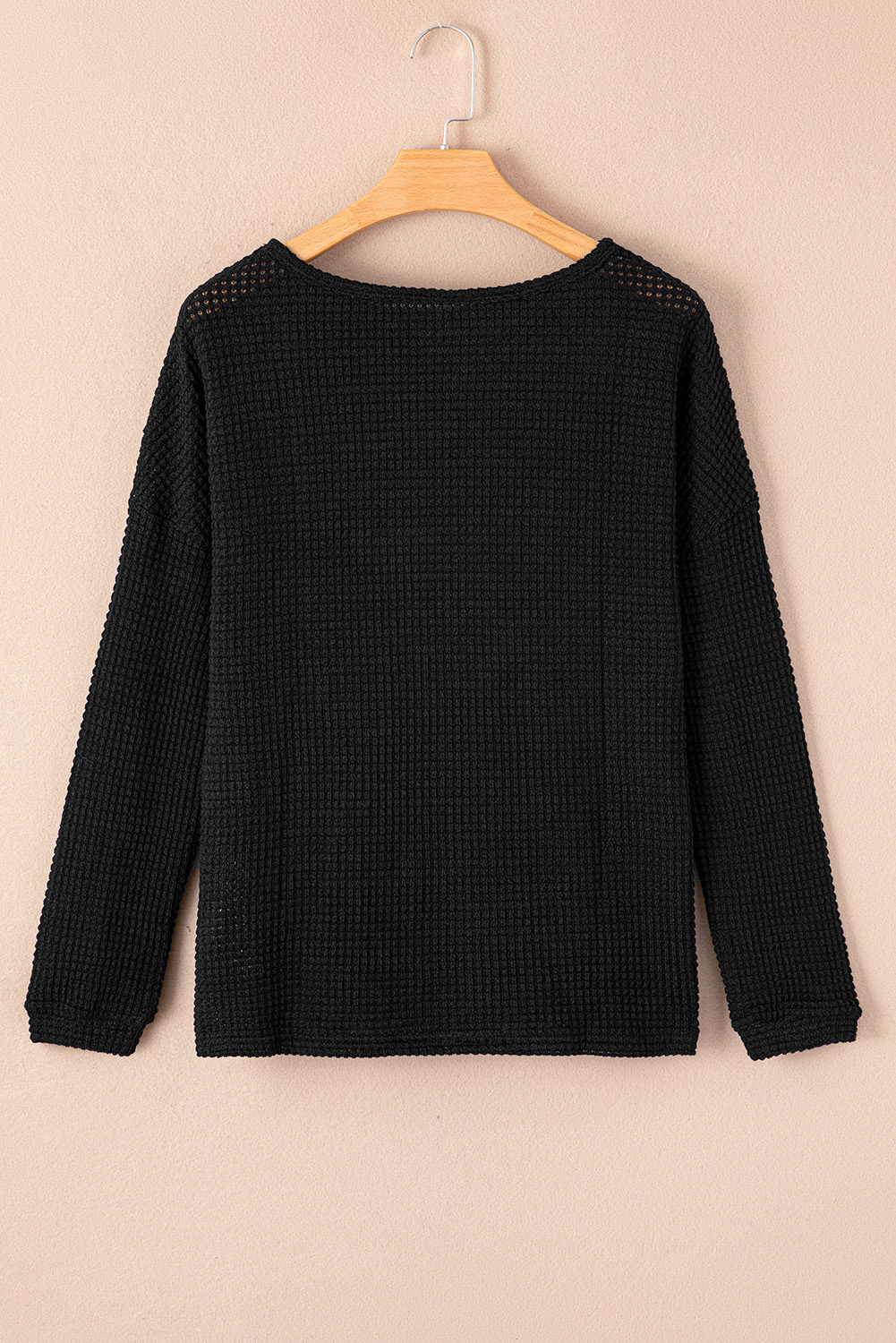 Chic and Comfy: Black Waffle Knit Long Sleeve Top for Women - Detail View 7 Chic and Comfy: Black Waffle Knit Long Sleeve Top for Women - Detail View 7