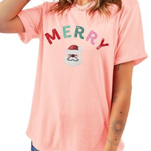Women's Pink Sequin MERRY Santa Claus Graphic T-Shirt for Holiday Cheer - Main View