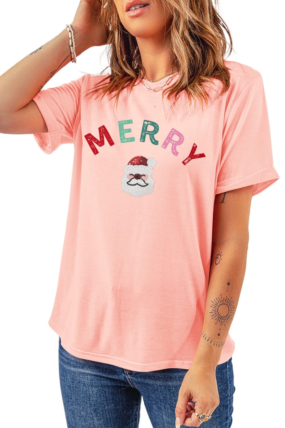 Women's Pink Sequin MERRY Santa Claus Graphic T-Shirt for Holiday Cheer - Main View Women's Pink Sequin MERRY Santa Claus Graphic T-Shirt for Holiday Cheer - Main View