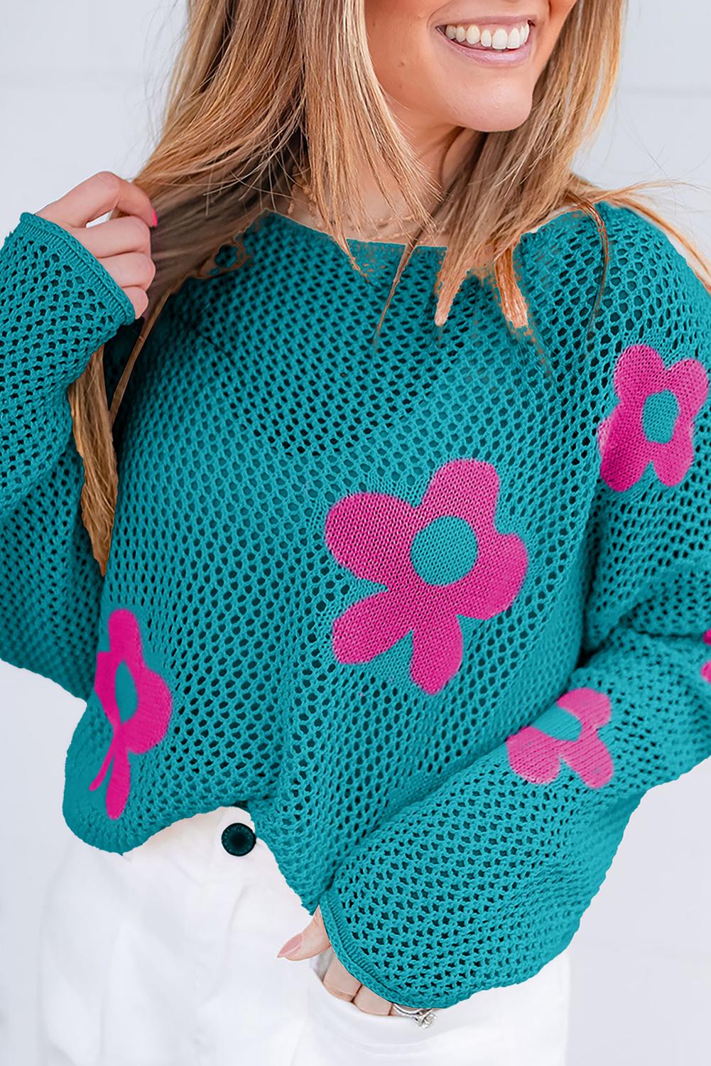 Casual Knit Top with Floral Pattern and Open Knit - Sea Green - Detail View 7 Casual Knit Top with Floral Pattern and Open Knit - Sea Green - Detail View 7
