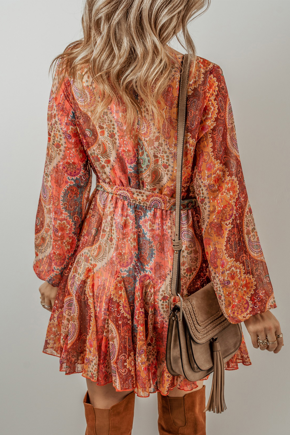 Chic Bohemian Style Mini Dress: Orange Paisley Print, Long Sleeve, V-Neck - Detail View 2 Chic Bohemian Style Mini Dress: Orange Paisley Print, Long Sleeve, V-Neck - Detail View 2