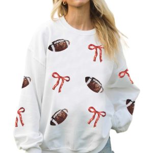 Women's Rugby Bow Sweatshirt, Sequin Graphic Fall Pullover - Main View