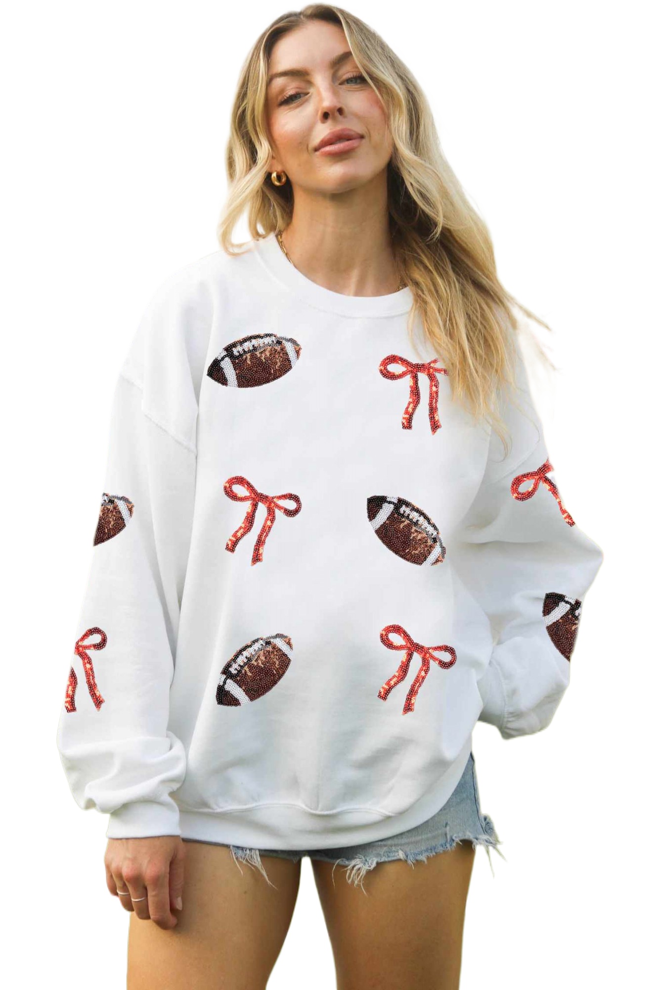 Women's Rugby Bow Sweatshirt, Sequin Graphic Fall Pullover - Main View Women's Rugby Bow Sweatshirt, Sequin Graphic Fall Pullover - Main View